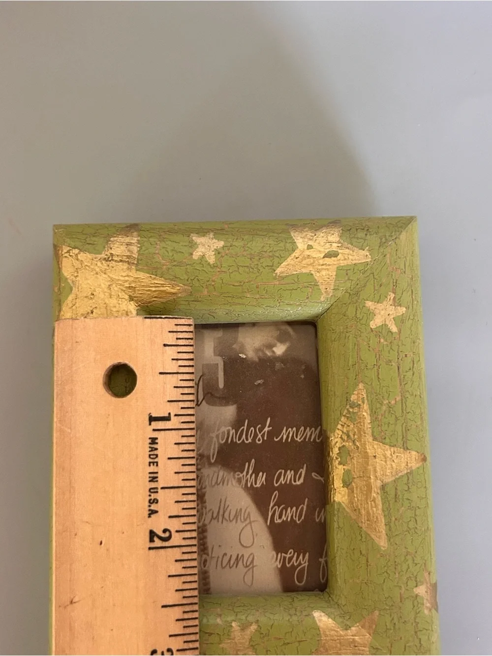 Wooden Hand Painted Green Gold Picture Frame Stars Rustic Country Shabby Mini